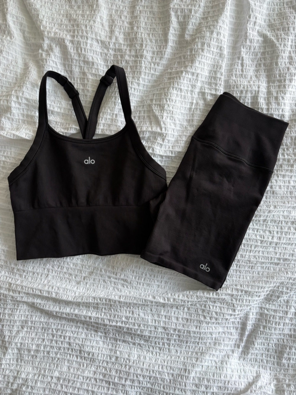 Alo Yoga Black Ribbed Sports Bra & Bike Shorts Set